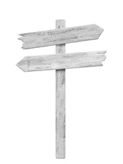 White wood arrow signpost isolated on white background. Object with clipping path.