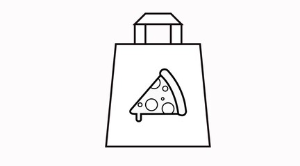 Vector Isolated Illustration of a Take Away Bag with a Pizza Icon. Black and White Icon or Sign