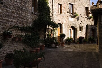 Obraz premium An alley of a medieval Italian village with stone houses, wooden doors, plants and flowers (Gubbio, Umbria, Italy, Europe)