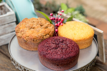 Three different cakes, of different flavors for the birthday, anniversary or wedding reception.