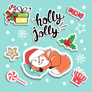 Collection of funny christmas foxe in santa claus hat on blue background isolated. Fashion patch badges. Christmas items