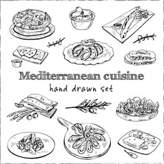 Mediterranean cuisine Vector set with food and drink hand drawn doodles. Vector illustration