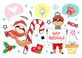Vector illustration with funny sloths collection on a white background isolated. Happy Holidays lettering. New Year and Christmas card