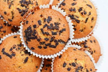 Chocolate - sprinkled homemade tasty muffins or cupcakes on white plate closeup view.
