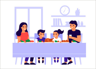 Family father, mother and children are sitting together at table, talking and eating. Happy family celebrate holiday and eat turkey. Men, women and kids taste food at home. Vector illustration