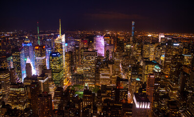 New York Manhattan skyline top view during autumn sunset with amazing colors and sights of...