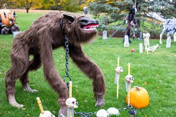 Closeup of spooky and scary decorations for Halloween in a garden at daytime