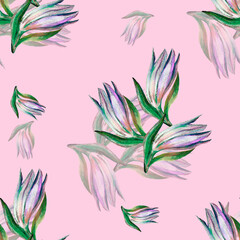 Fototapeta premium Seamless pattern with flowers lily drawing in pastel on pink background.