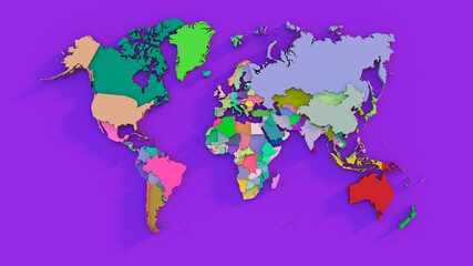 World map. Multicolor continents.  3d render.