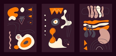Abstract hand drawn cards with dark background and bright orange shapes drawn with hands. Lines and design good for invitations and print