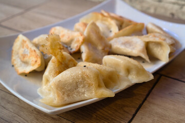 Japanese gyoza dumplings with juicy minced meat