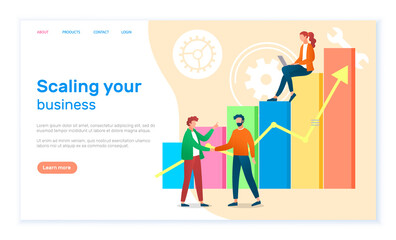 Scaling your business landing page template. Success, achievement, motivation business banner. Group of specialists develops a growth plan concept with businesswoman on graph columns and up arrow
