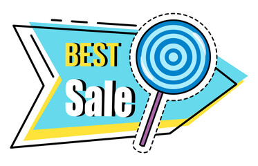 Best sale banner. Discount poster template. Big sale special offer with inscription and lollipop sweet candy in blue colors. Super sale best price and super quality advertising poster illustration