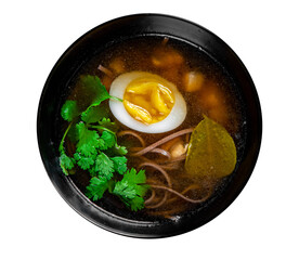 Japanese ramen soup with tofu and egg isolated on white background
