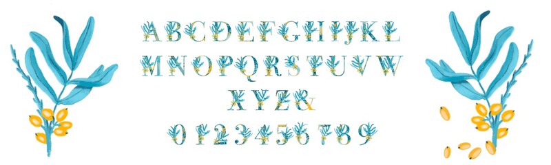 English alphabet set with gold elements and branch of sea buckthorn from A to Z hand drawn