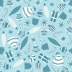 Christmas seamless pattern on a blue background. Merry and cute Christmas tree toys, snowflakes, snowmen. Vector illustration for holiday cards, gift wrapping, textiles.