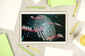 Top view of modern digital tablet display with creative fingerprint hologram, personal biometric data concept. 3D Rendering