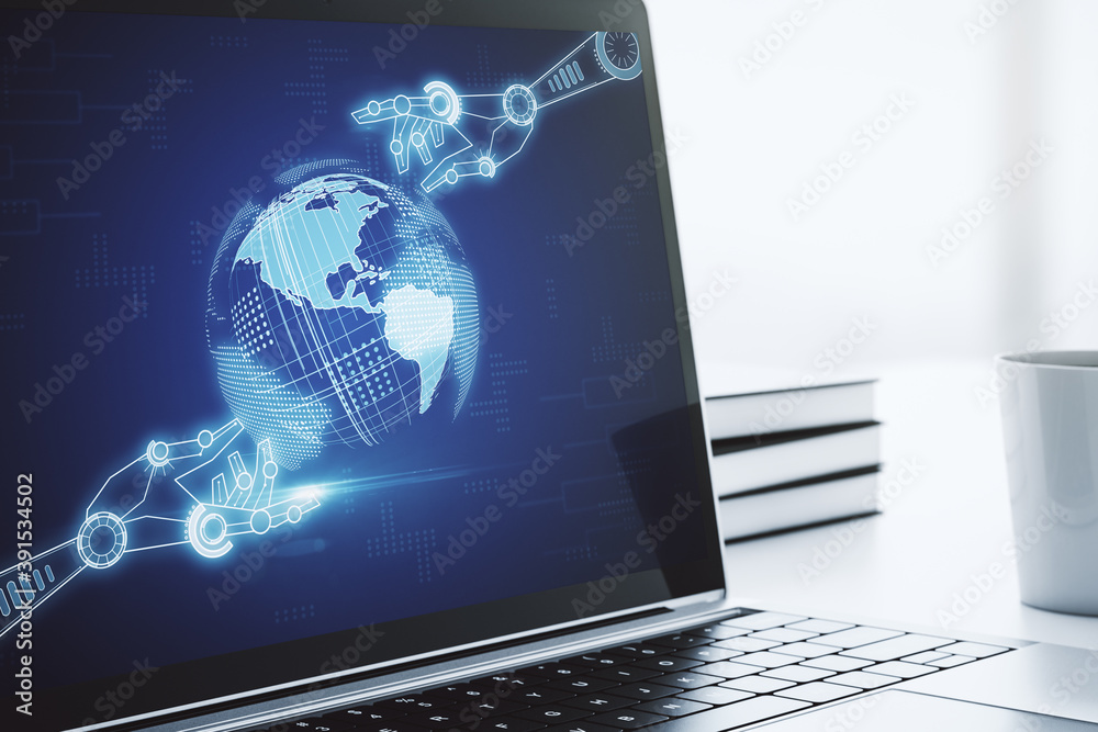 Poster creative abstract robotics technology hologram with globe on modern computer monitor, artificial int