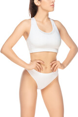 Fototapeta na wymiar Perfect figure. Beautiful female model on white background. Beauty, cosmetics, spa, depilation, diet and treatment, fitness concept. Fit and sportive, sensual body with well-kept skin in underwear.
