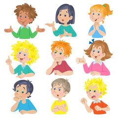 A group of children of different nationalities with different emotions and gestures. Various facial expression. In cartoon style. Isolated on white background. Vector flat illustration.