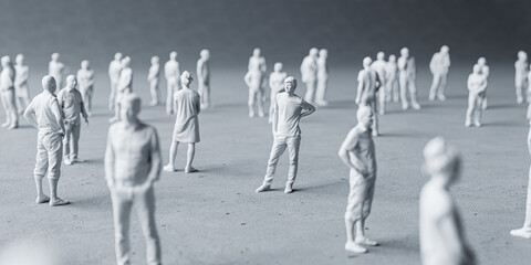 Miniature people social distancing concept to avoid coronavirus covid-19 sars-cov2 spread aroung the country Small miniature people on graycolor background distanced each other. 3d rendering - obrazy, fototapety, plakaty