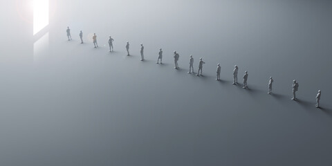 Miniature people social distancing concept to avoid coronavirus covid-19 sars-cov2 spread aroung the country Small miniature people on graycolor background distanced each other. 3d rendering