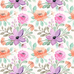 Peach, purple and pink floral watercolor seamless pattern