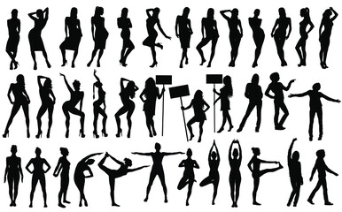 Big set of woman silhouettes in different poses isolated on white background. Girl icons for life style consept. Yoga and fitness woman, sexy pinup girl, bikini girl, woman in classic dress, casual.