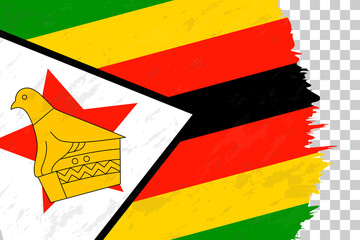 Horizontal Abstract Grunge Brushed Flag of Zimbabwe on Transparent Grid.