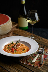 Spelt Pumpkin Mushroom Risotto on Grey Background, Tasty Vegetarian Meal
