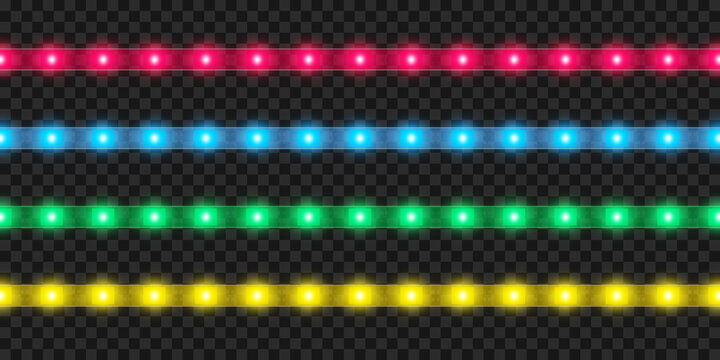 Realistic LED strip set. Colorful glowing illuminated tape decoration
