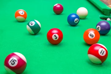 Foto op Plexiglas Sports game of billiards on a green cloth. Multi-colored billiard balls with numbers on a pool table. Active leisure and entertainment. Billiards. Billiard balls close-up. © kvdkz