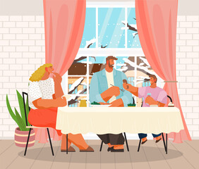 Happy family dining at home near winter window. Family members smiling mother, father and son sitting together at the table and eating dinner in living room interior. Parents spend time with children