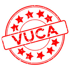 Grunge red vuca (abbreviation of Volatility, uncertainty, complexity and ambiguity) word with star icon round rubber seal stamp on white background