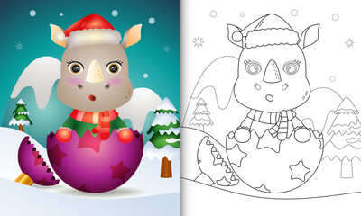 coloring book for kids with a cute rhino using santa hat and scarf in christmas ball