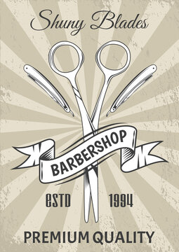 Logotype for barbershop in vintage style. Barber shop logo flat vector design emblem with barber objects sign and lettering. Hairdressing salon signboard. Style haircut banner poster