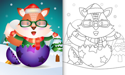 coloring book for kids with a cute fox using santa hat and scarf in christmas ball