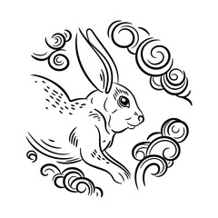 Vector image of a hare. Round emblem. Year of the rabbit.