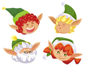 Four elves having fun and laughing. Happy faces of little boys and girl isolated on white, heads with green hats. Fairy characters that help santa claus with gifts on christmas. Vector illustration