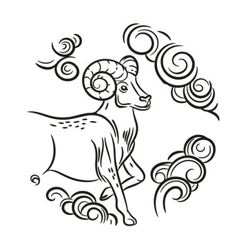 Vector image of a ram. Round emblem. Year of the sheep.