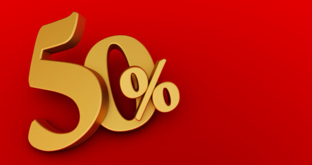50% off. Fifty-fifty. Gold fifty percent. gold fifty percent on red background. 3D render.