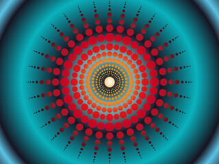 Mandala with different colors, shapes of dots and circles. red and dark dots on a light blue circle shape background.