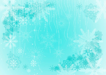 Fototapeta na wymiar Light blue christmas winter background with snowflakes and garlands