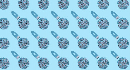 Seamless pattern of round ornate ball made from small Christmas decorative items on light blue background, banner