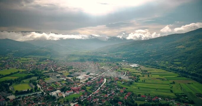 Drone panorama of Bajina Basta, a town in Serbia