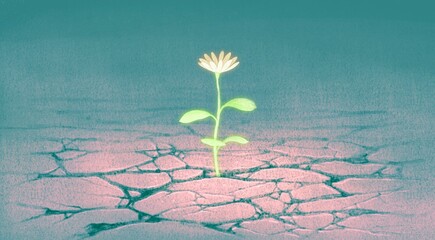 Concept of life faith hope nature and dream, flower growing on dry cracked soil, imagination painting, surreal artwork, illustration, conceptual art - obrazy, fototapety, plakaty