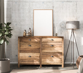Interior scene mockup: wooden sideboard with empty picture frame, vases and a candle. Floor lamp...