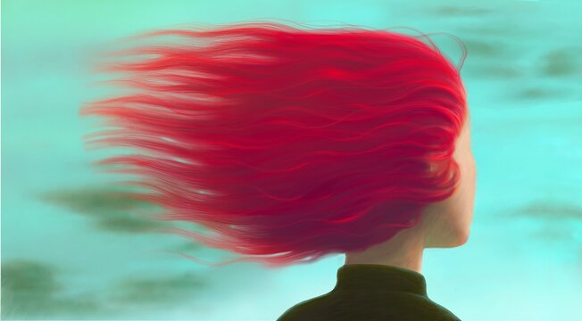 Painting of red hair woman alone with sky, digital artwork, freedom and dream concept, conceptual art