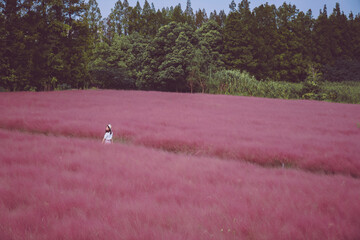 Pink muhly grass and girls in autumn