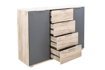 Modern wooden chest of drawers with open drawers on isolated white background